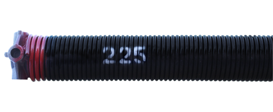 A black torsion spring with the number 225 written on it, painted red at the end, along with cone at one end.
