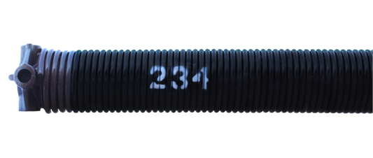 A black torsion spring with the number 234 written on it, painted brown at the end, along with cone at one end.