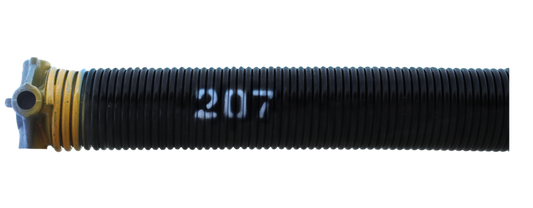 A black torsion spring with the number 207 written on it, painted yellow at the end, along with cone at one end.