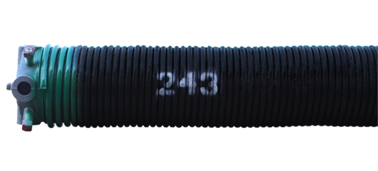 A black torsion spring with the number 243 written on it, painted green at the end, along with cone at one end.