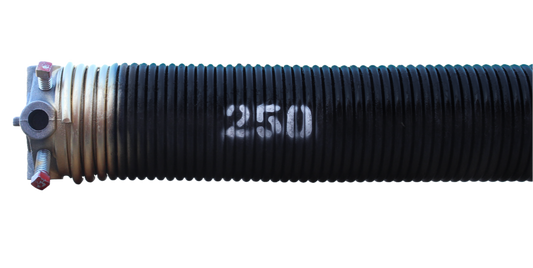 A black torsion spring with the number 250 written on it, painted gold at the end, along with cone at one end.