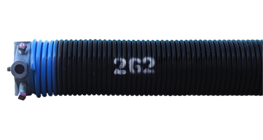 A black torsion spring with the number 262 written on it, painted blue at the end, along with cone at one end.