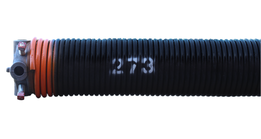 A black torsion spring with the number 273 written on it, painted orange at the end, along with cone at one end.
