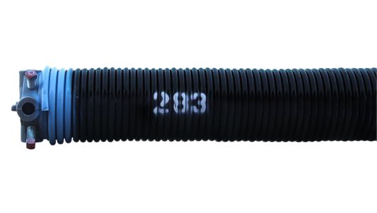 A black torsion spring with the number 283 written on it, painted blue at the end, along with cone at one end.