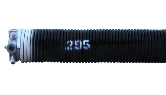 A black torsion spring with the number 295 written on it, painted white at the end, along with cone at one end.