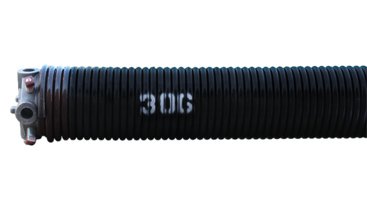 A black torsion spring with the number 306 written on it, painted brown at the end, along with cone at one end.