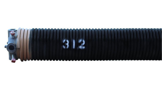 A black torsion spring with the number 312 written on it, painted tan at the end, along with cone at one end.