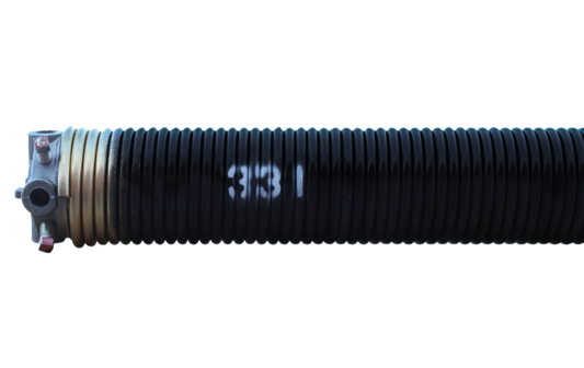 A black torsion spring with the number 331 written on it, painted gold at the end, along with cone at one end.