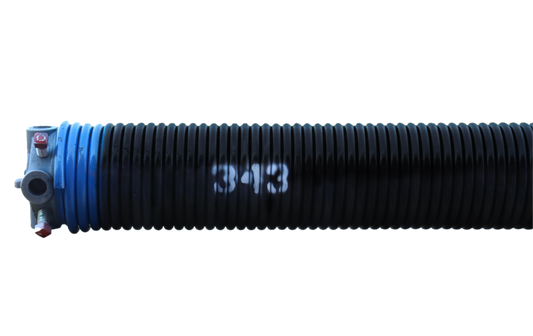 A black torsion spring with the number 343 written on it, painted blue at the end, along with cone at one end.